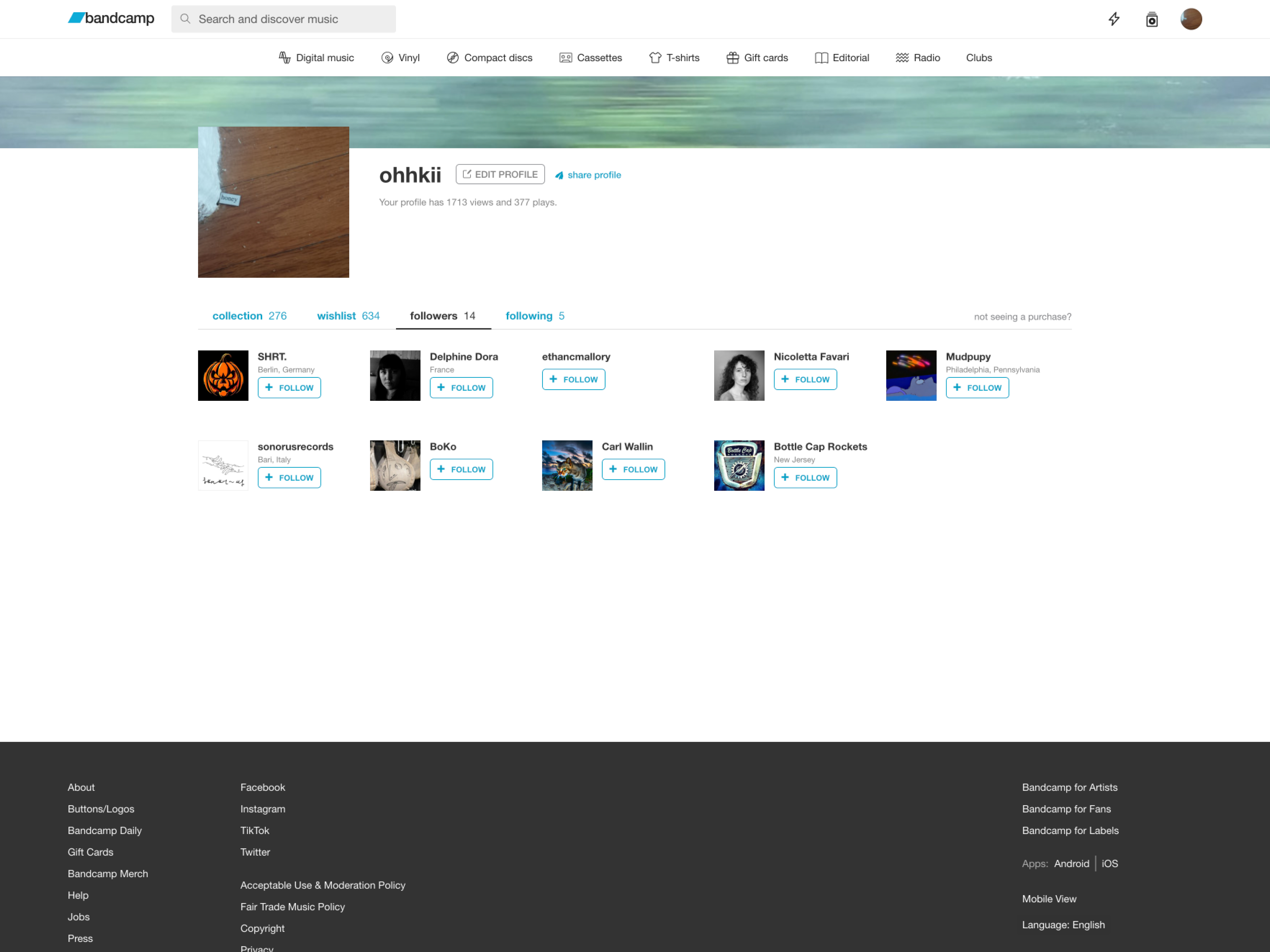 Bandcamp followers page