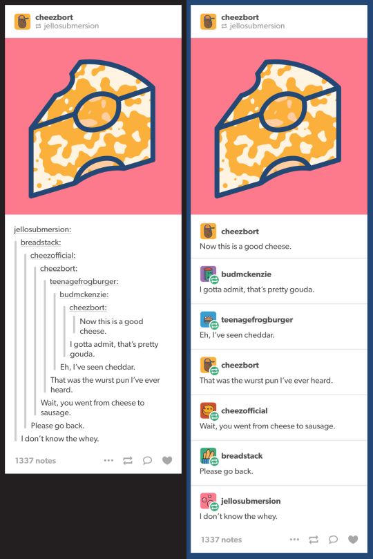 Before: a moderately long reblog chain in the old format; After: the same chain in the stacked format.